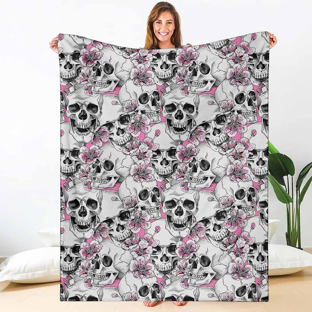 Pink Flowers Skull Pattern Print Blanket