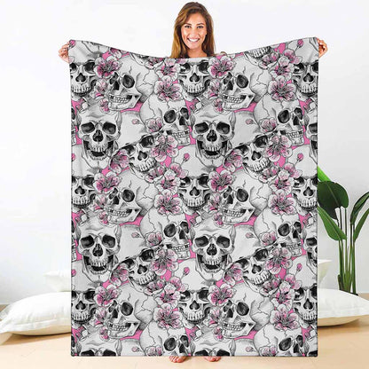 Pink Flowers Skull Pattern Print Blanket