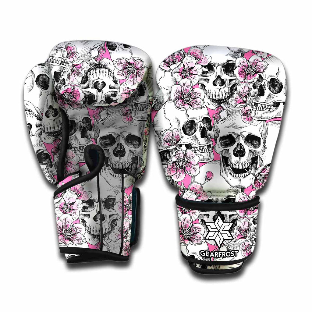 Pink Flowers Skull Pattern Print Boxing Gloves