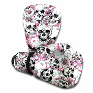 Pink Flowers Skull Pattern Print Boxing Gloves