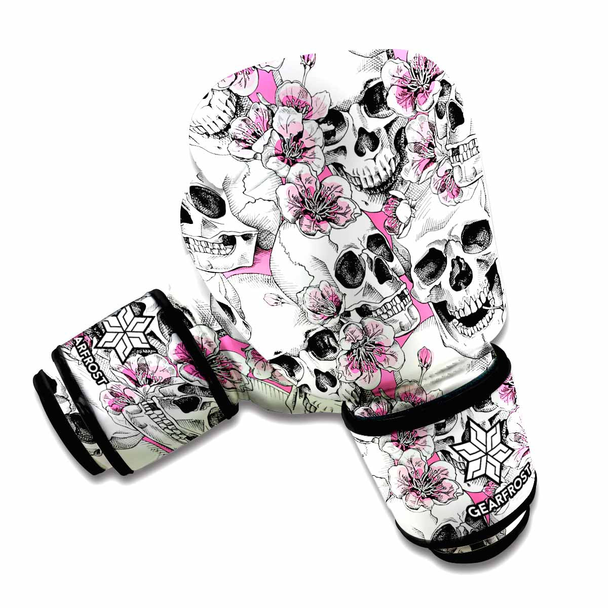 Pink Flowers Skull Pattern Print Boxing Gloves