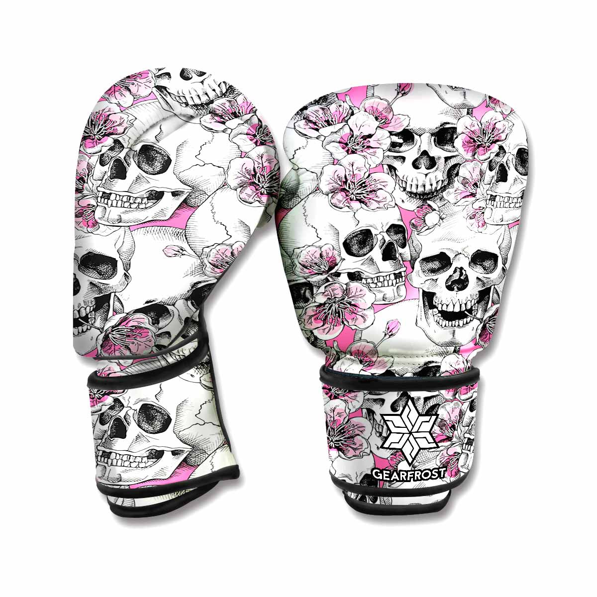 Pink Flowers Skull Pattern Print Boxing Gloves