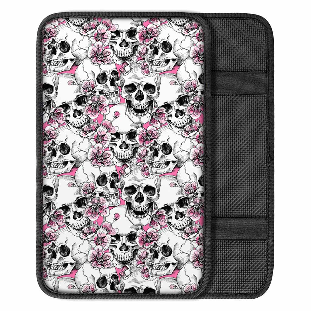 Pink Flowers Skull Pattern Print Car Center Console Cover