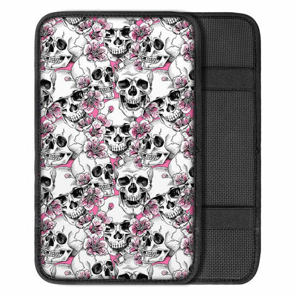 Pink Flowers Skull Pattern Print Car Center Console Cover
