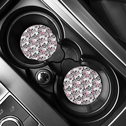 Pink Flowers Skull Pattern Print Car Coasters