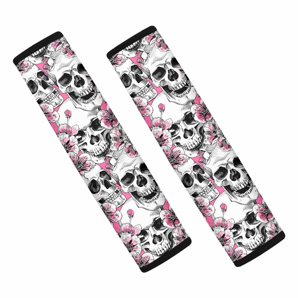 Pink Flowers Skull Pattern Print Car Seat Belt Covers