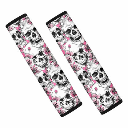 Pink Flowers Skull Pattern Print Car Seat Belt Covers