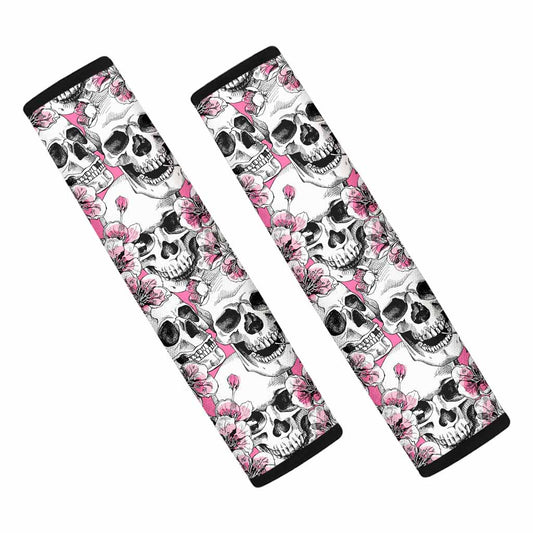 Pink Flowers Skull Pattern Print Car Seat Belt Covers