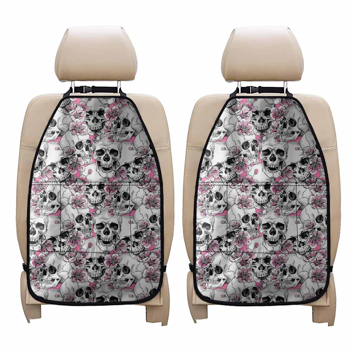 Pink Flowers Skull Pattern Print Car Seat Organizers