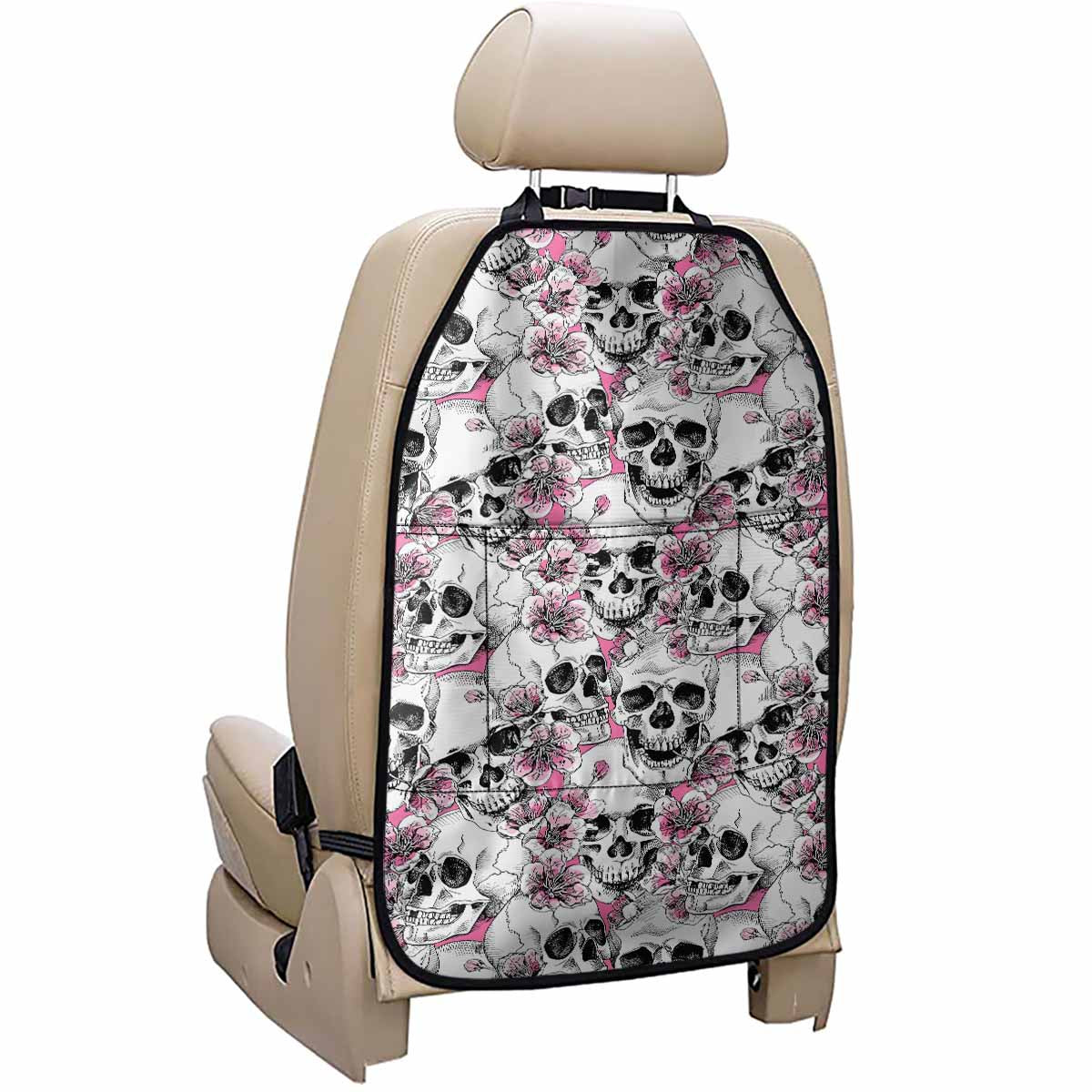 Pink Flowers Skull Pattern Print Car Seat Organizers