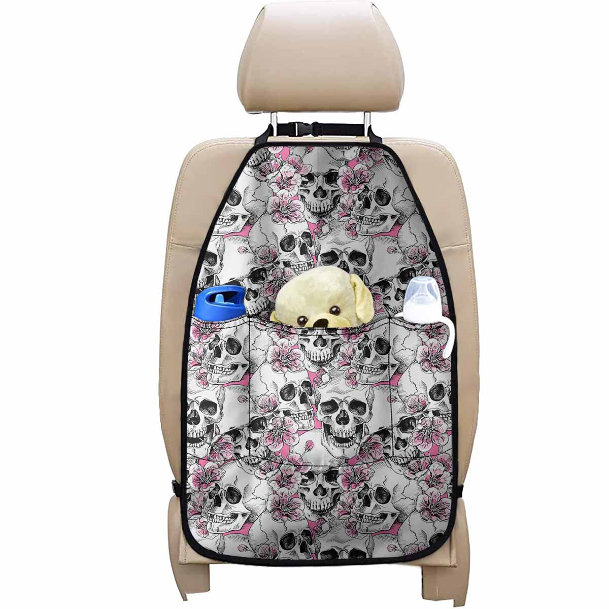 Pink Flowers Skull Pattern Print Car Seat Organizers