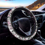 Pink Flowers Skull Pattern Print Car Steering Wheel Cover
