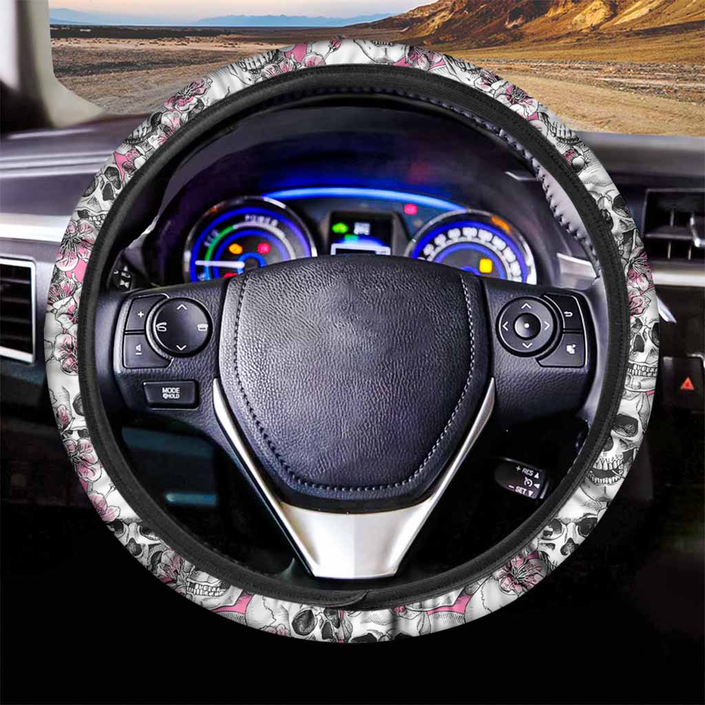Pink Flowers Skull Pattern Print Car Steering Wheel Cover