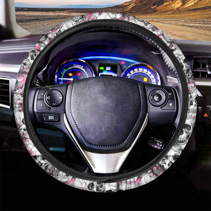 Pink Flowers Skull Pattern Print Car Steering Wheel Cover