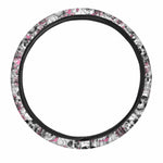 Pink Flowers Skull Pattern Print Car Steering Wheel Cover