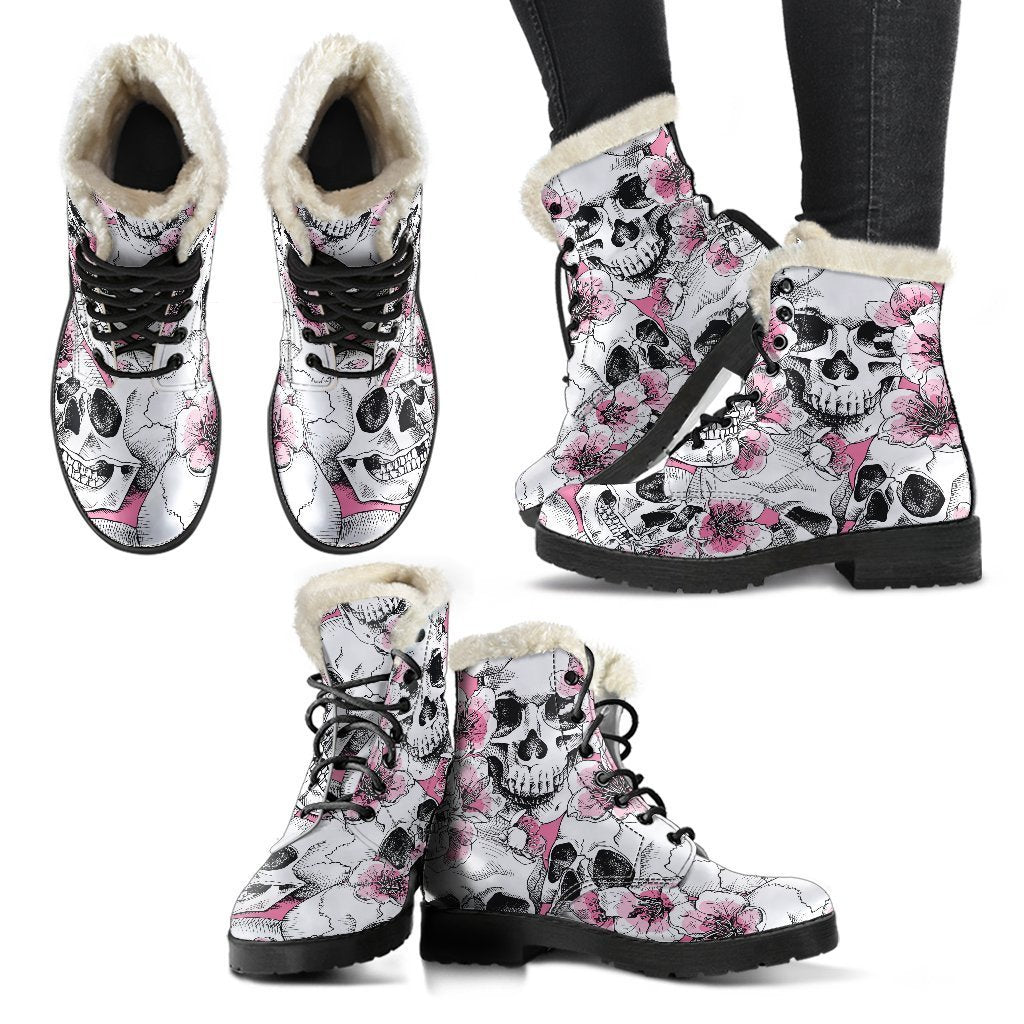 Pink Flowers Skull Pattern Print Comfy Boots GearFrost