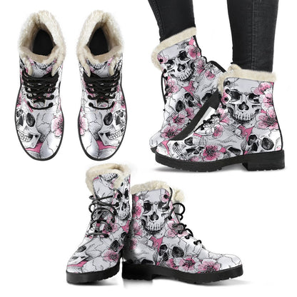 Pink Flowers Skull Pattern Print Comfy Boots GearFrost