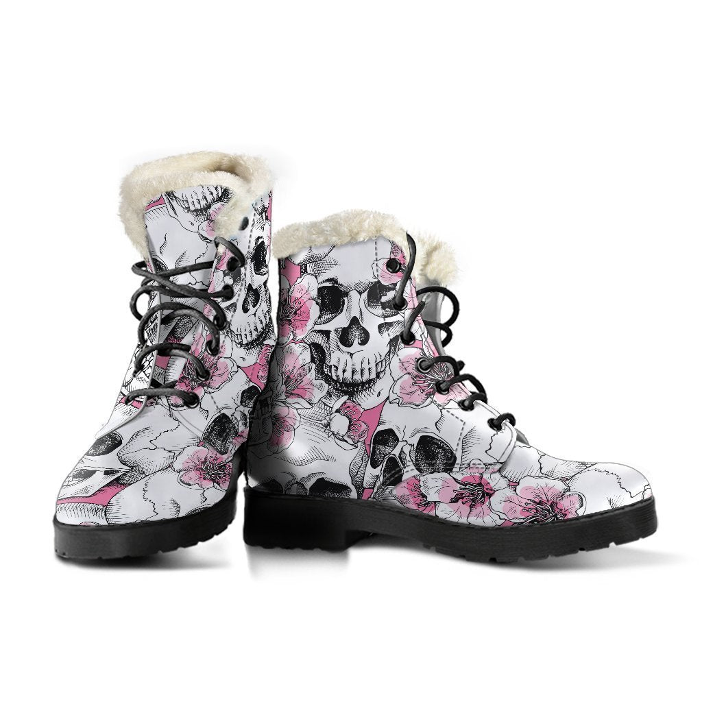 Pink Flowers Skull Pattern Print Comfy Boots GearFrost
