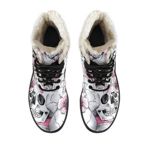 Pink Flowers Skull Pattern Print Comfy Boots GearFrost