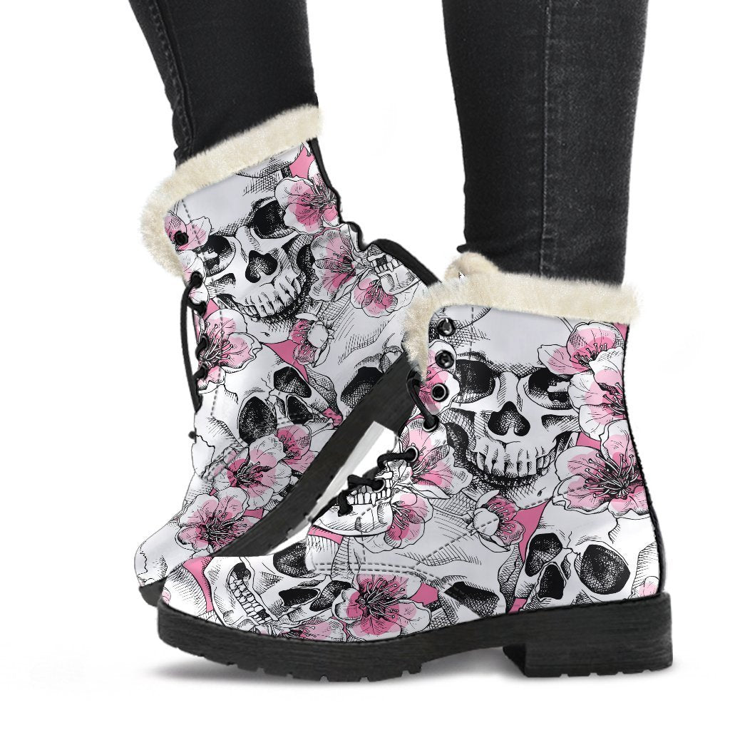 Pink Flowers Skull Pattern Print Comfy Boots GearFrost