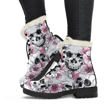 Pink Flowers Skull Pattern Print Comfy Boots GearFrost
