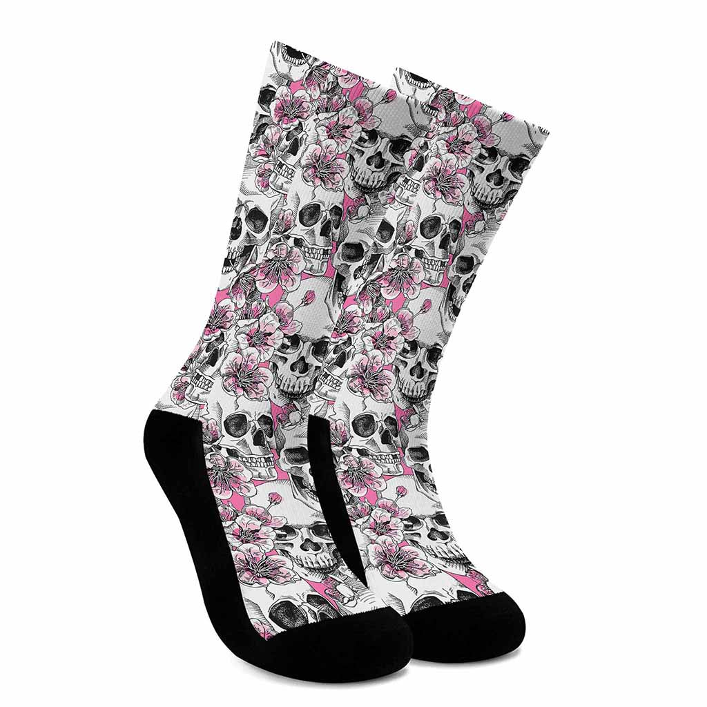 Pink Flowers Skull Pattern Print Crew Socks