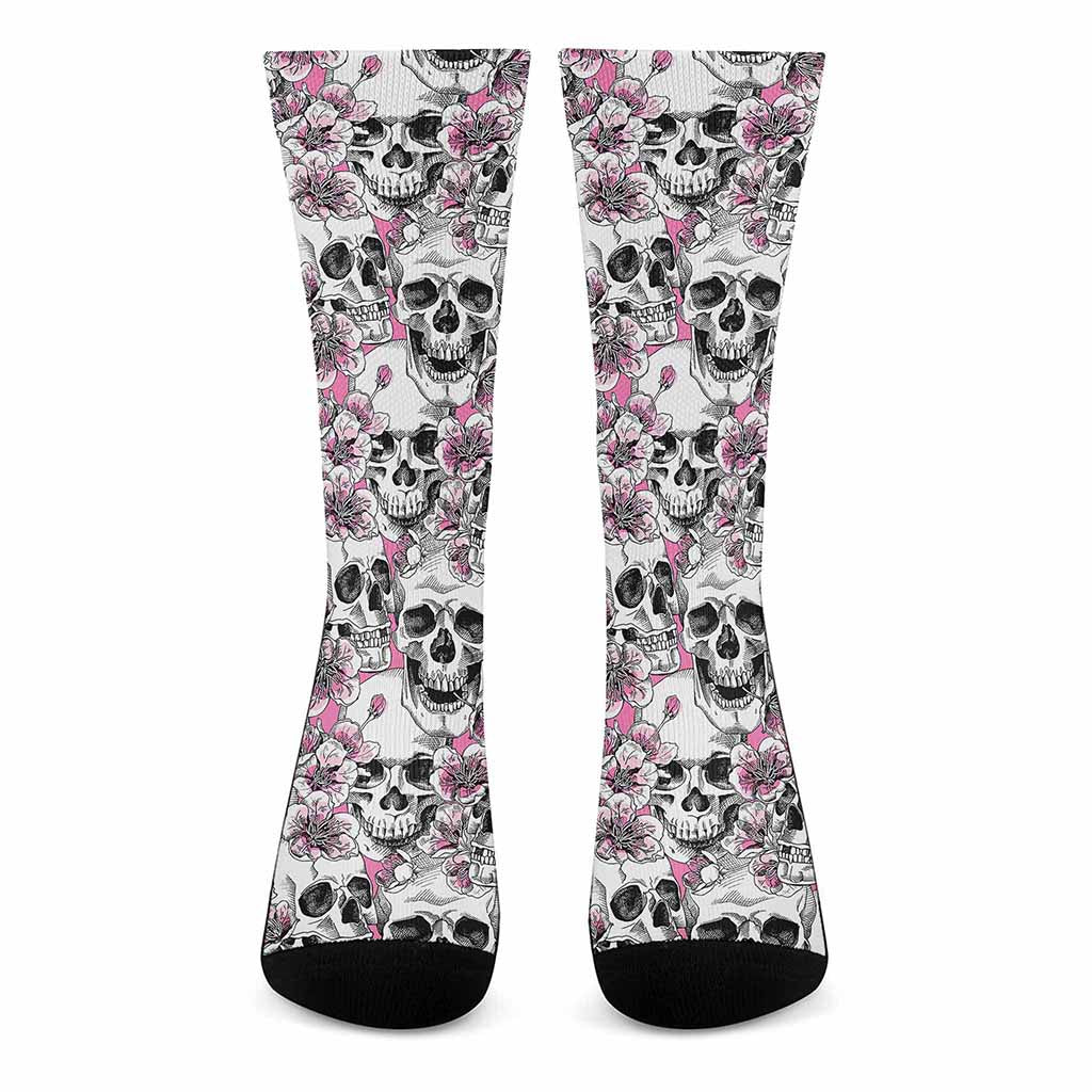 Pink Flowers Skull Pattern Print Crew Socks