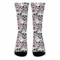 Pink Flowers Skull Pattern Print Crew Socks