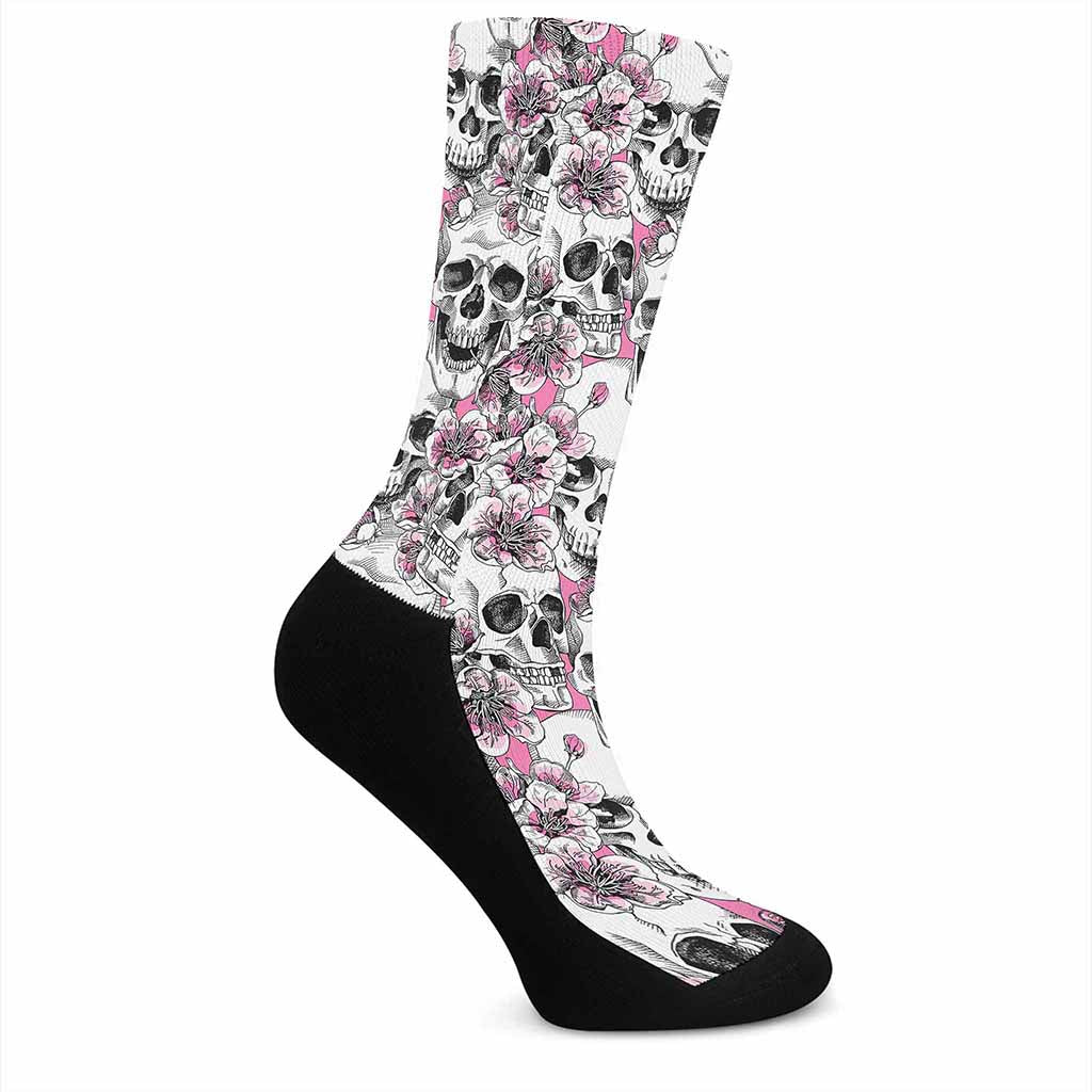 Pink Flowers Skull Pattern Print Crew Socks