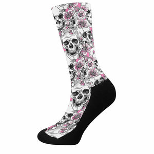 Pink Flowers Skull Pattern Print Crew Socks