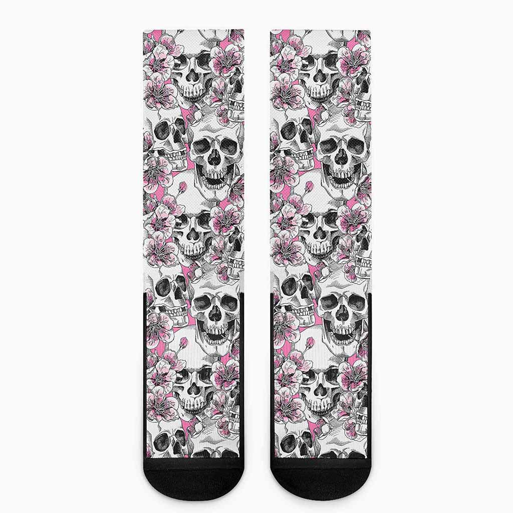 Pink Flowers Skull Pattern Print Crew Socks