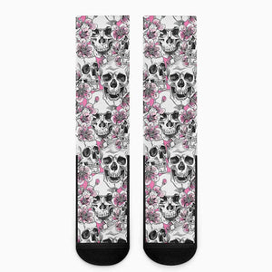 Pink Flowers Skull Pattern Print Crew Socks