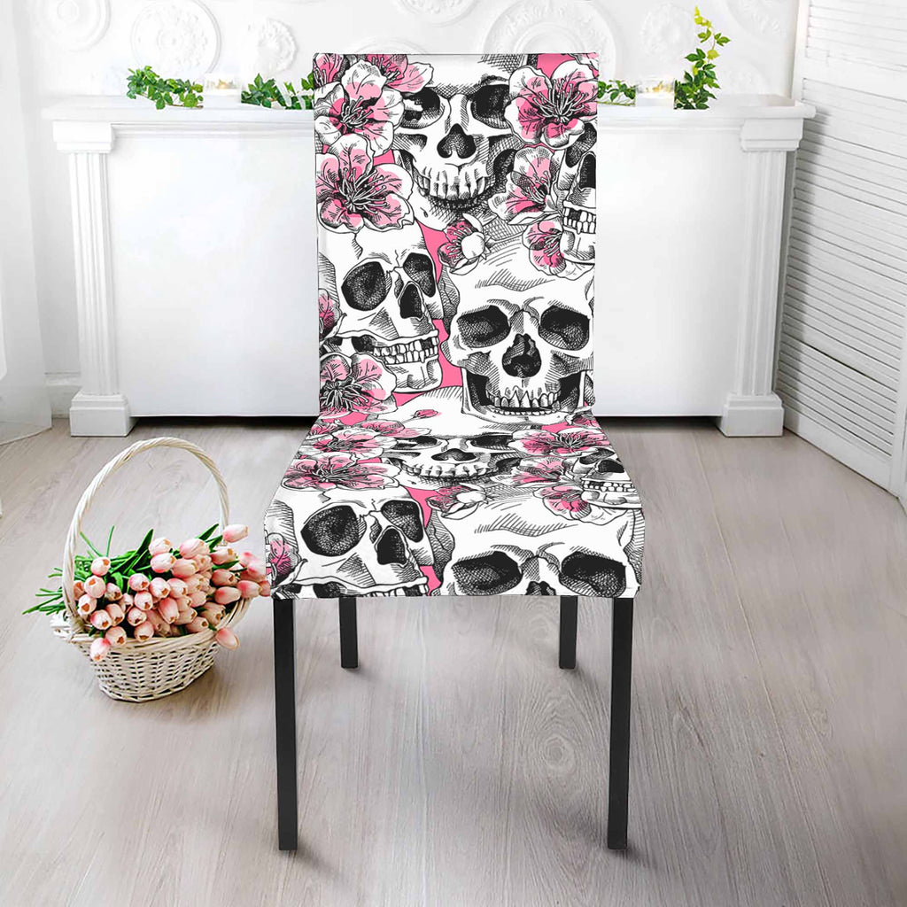 Pink Flowers Skull Pattern Print Dining Chair Slipcover