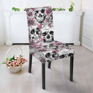 Pink Flowers Skull Pattern Print Dining Chair Slipcover