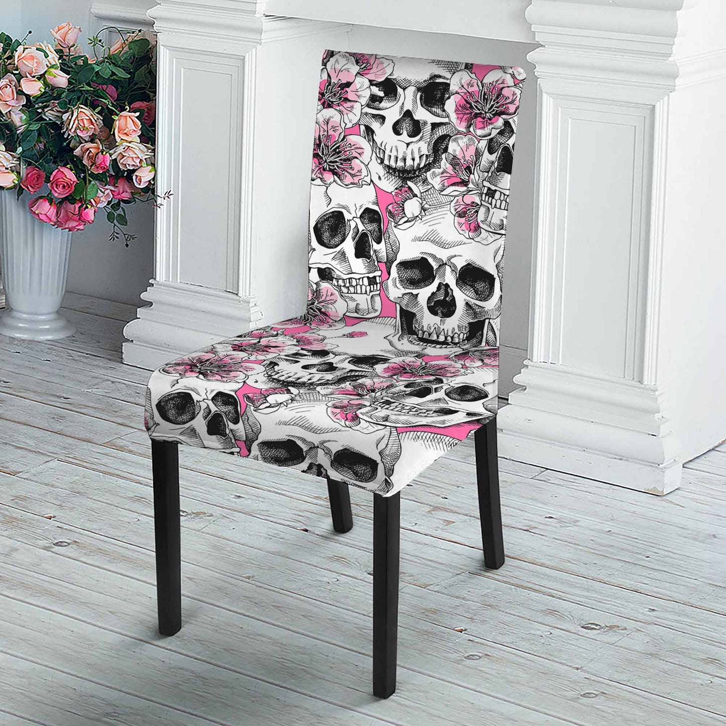 Pink Flowers Skull Pattern Print Dining Chair Slipcover