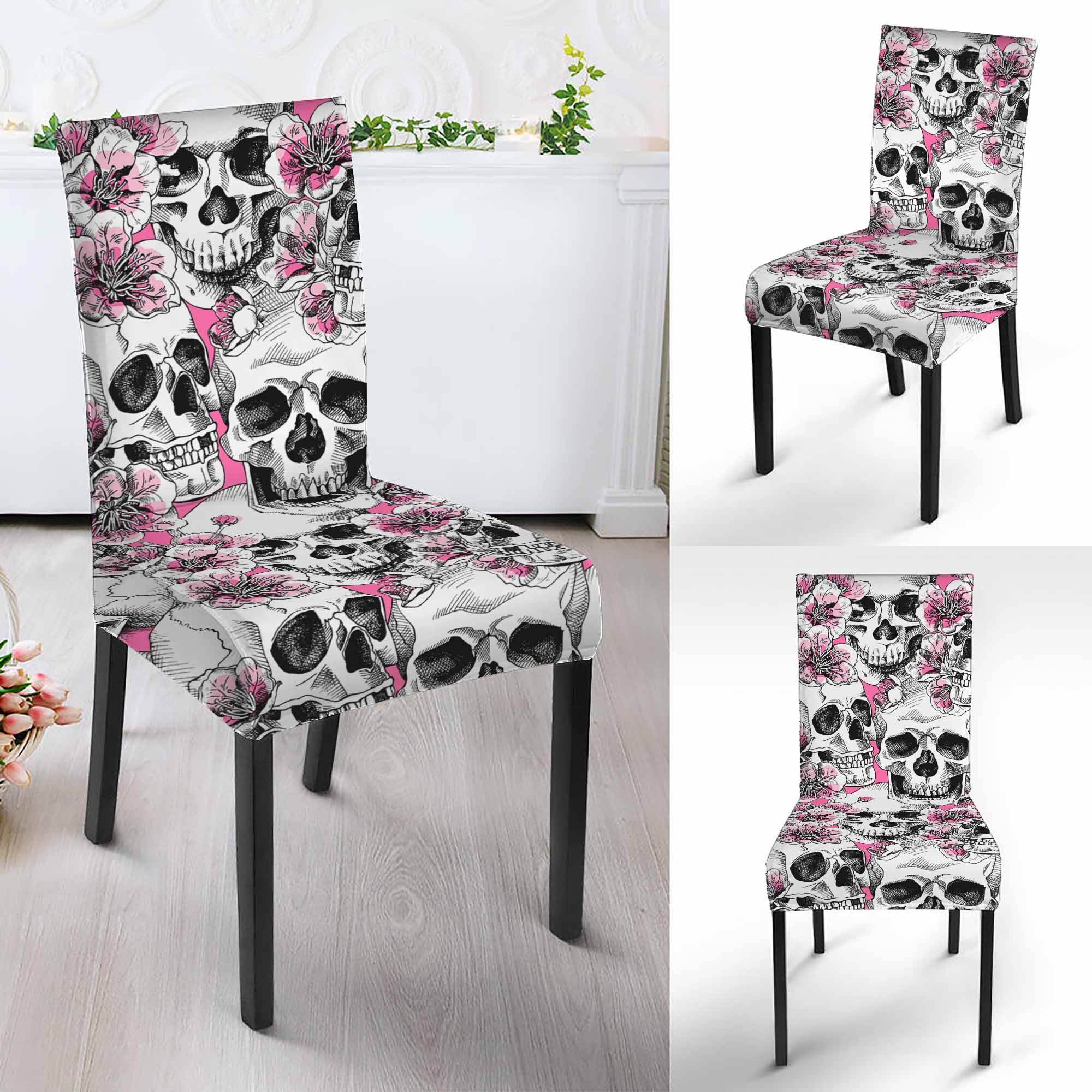 Pink Flowers Skull Pattern Print Dining Chair Slipcover