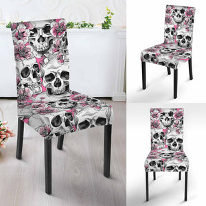 Pink Flowers Skull Pattern Print Dining Chair Slipcover