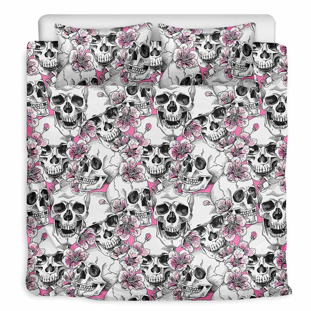 Pink Flowers Skull Pattern Print Duvet Cover Bedding Set