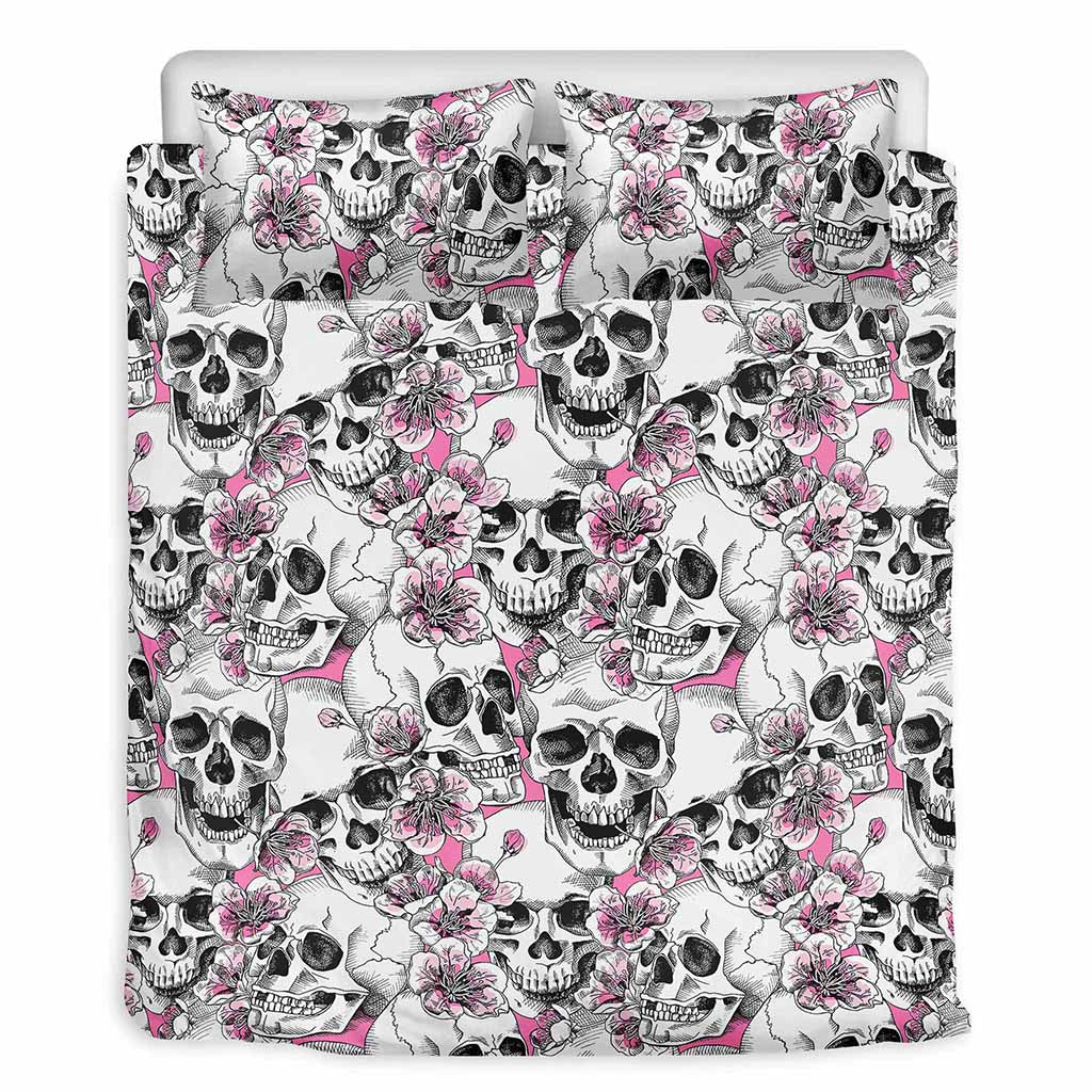 Pink Flowers Skull Pattern Print Duvet Cover Bedding Set