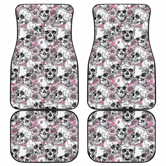 Pink Flowers Skull Pattern Print Front and Back Car Floor Mats