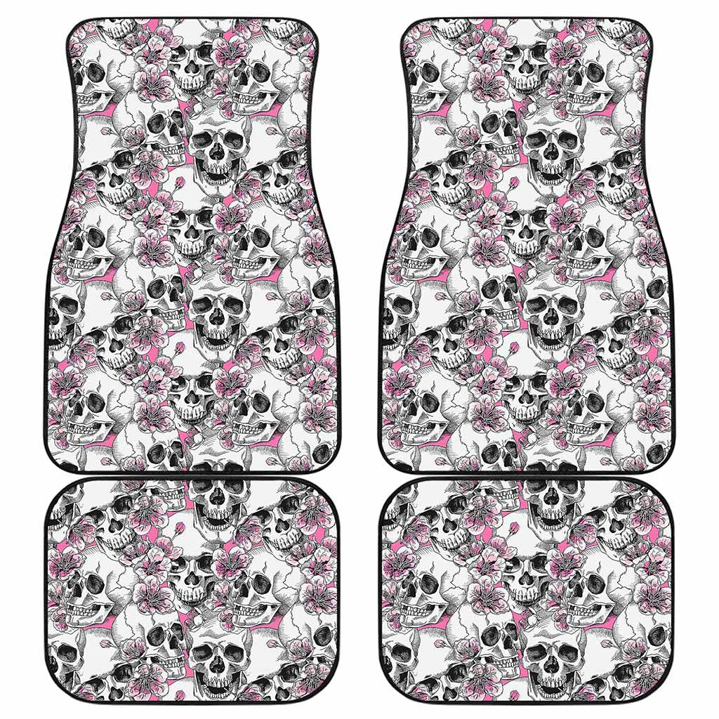 Pink Flowers Skull Pattern Print Front and Back Car Floor Mats