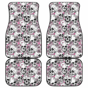 Pink Flowers Skull Pattern Print Front and Back Car Floor Mats