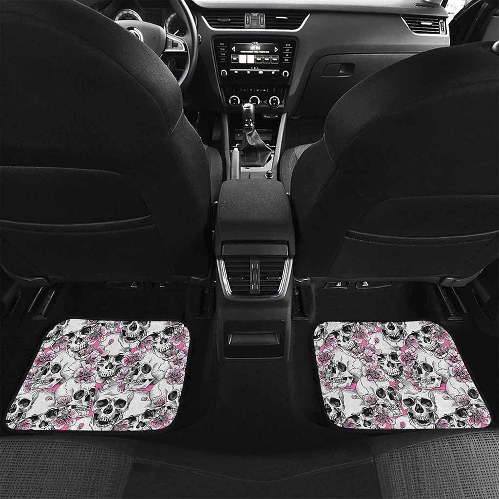 Pink Flowers Skull Pattern Print Front and Back Car Floor Mats