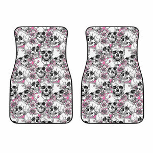 Pink Flowers Skull Pattern Print Front Car Floor Mats