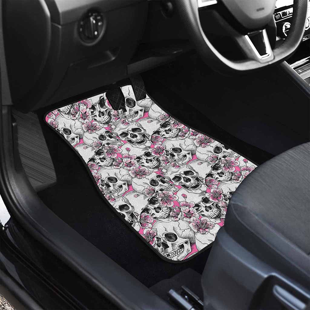 Pink Flowers Skull Pattern Print Front Car Floor Mats