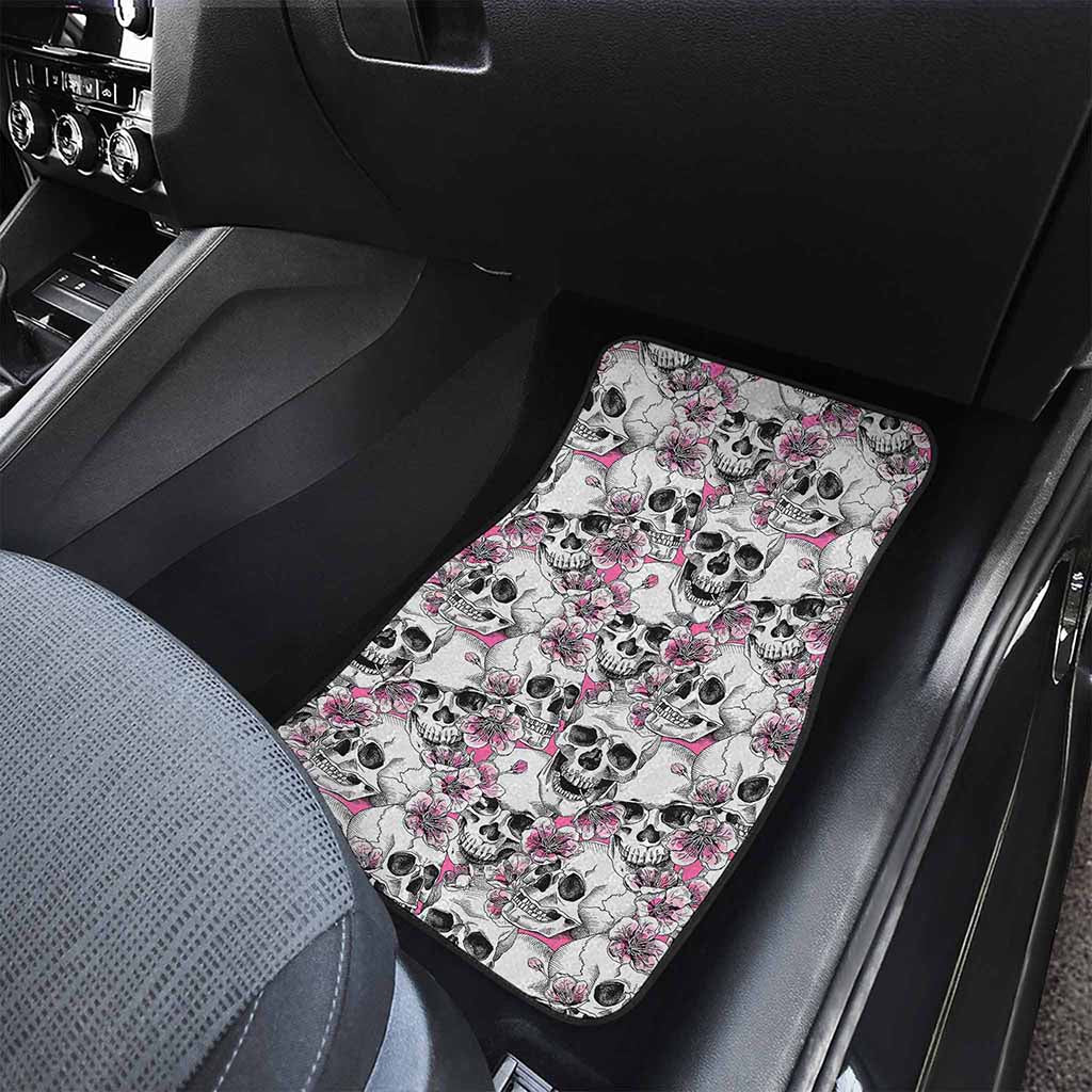 Pink Flowers Skull Pattern Print Front Car Floor Mats