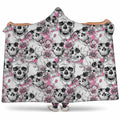 Pink Flowers Skull Pattern Print Hooded Blanket