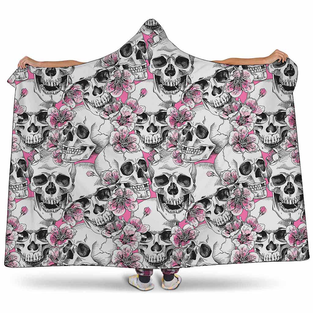 Pink Flowers Skull Pattern Print Hooded Blanket