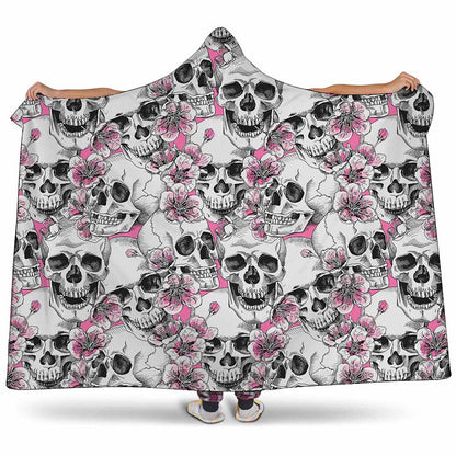 Pink Flowers Skull Pattern Print Hooded Blanket