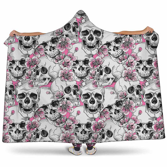 Pink Flowers Skull Pattern Print Hooded Blanket
